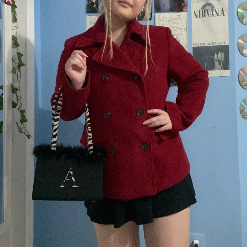 Calvin Klein red pea coat